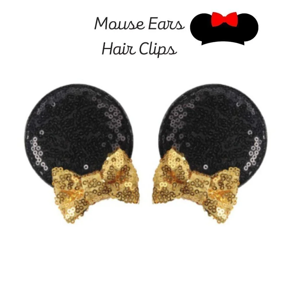 Girls Sequin Mouse Ears Hair Clips Black and Gold Vacation Pictures